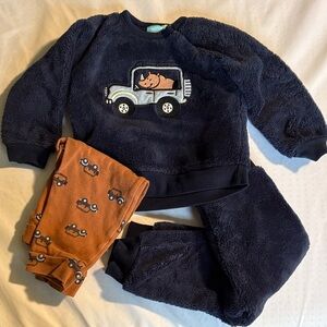 Navy Fleece Sweatshirt and Pants Matching Set with Brown Car Leggings